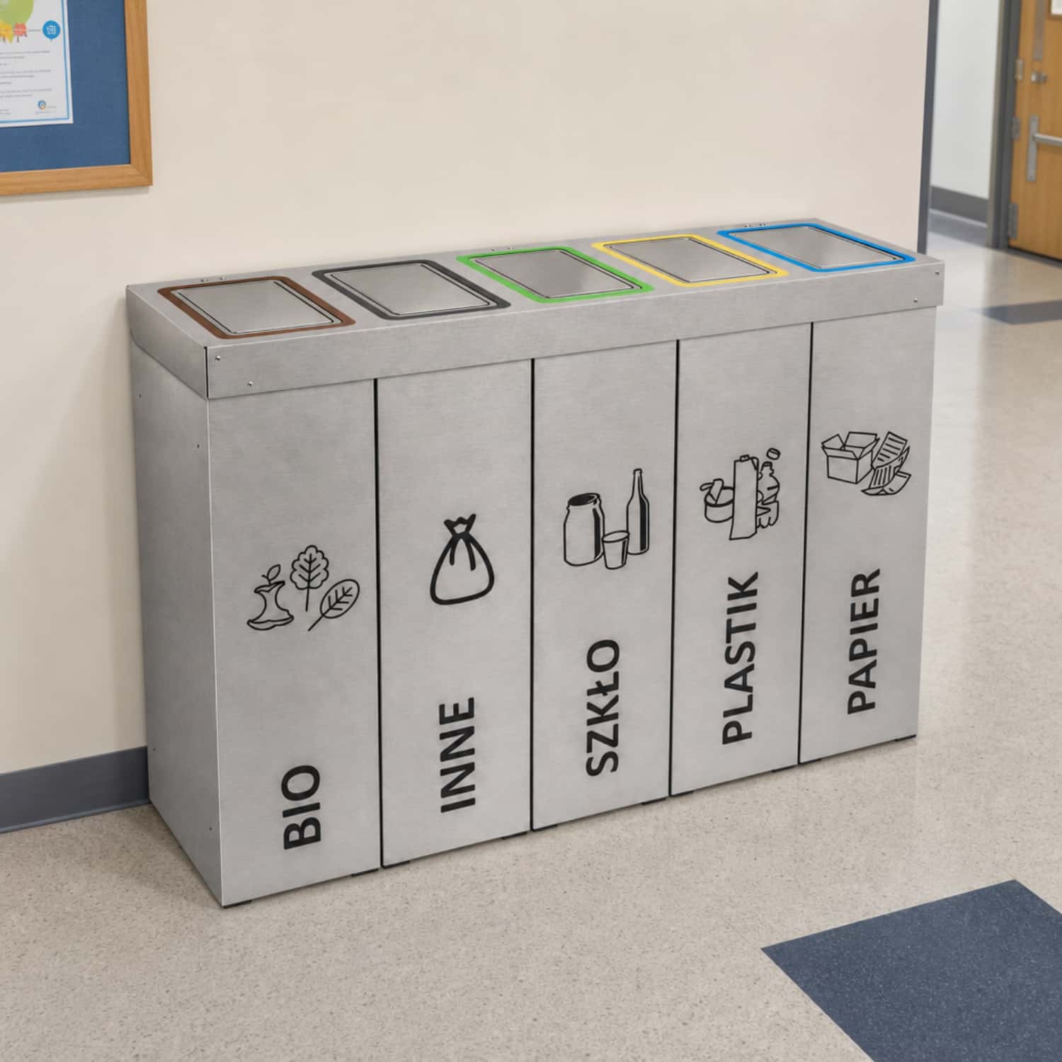 Kosz do segregacji DENEB 5 &times; 50 L na szkolnym korytarzu &ndash; stacja do segregacji bio, szkła, plastiku, papieru i innych odpad&oacute;w
